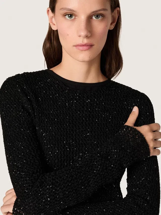 Abito lungo da donna in rete nera con paillettes nere