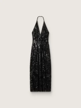 Abito lungo da donna in tulle con ricami floreali in paillettes nere