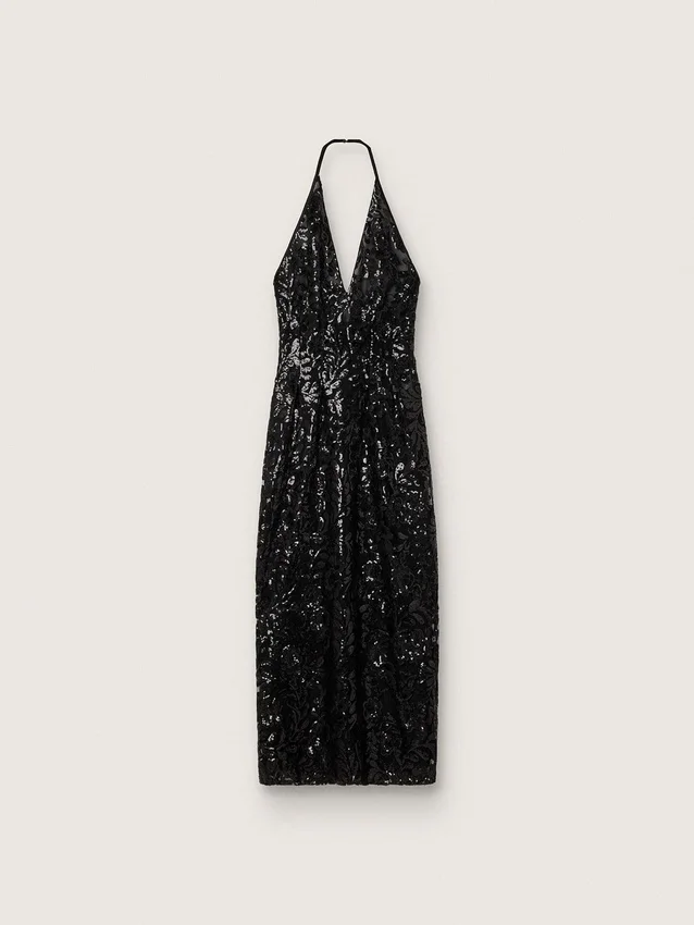 Abito lungo da donna in tulle con ricami floreali in paillettes nere