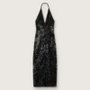 Abito lungo da donna in tulle con ricami floreali in paillettes nere