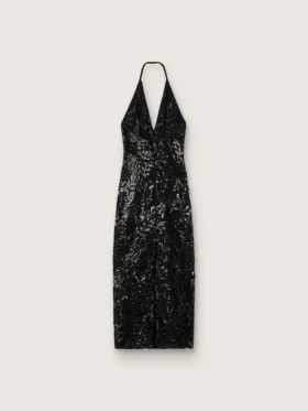 Abito lungo da donna in tulle con ricami floreali in paillettes nere