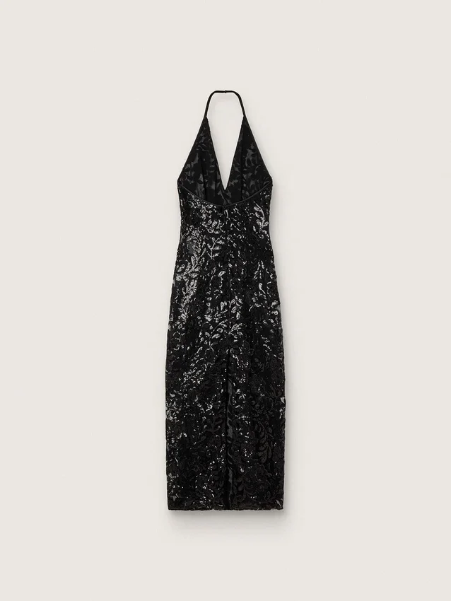 Abito lungo da donna in tulle con ricami floreali in paillettes nere