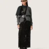 Abito lungo da donna in tulle con ricami floreali in paillettes nere