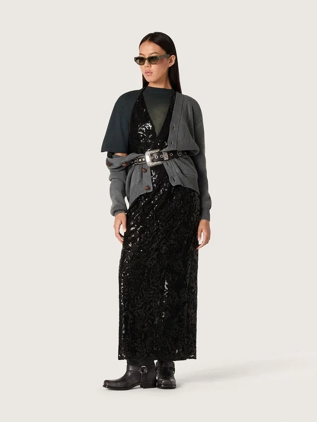 Abito lungo da donna in tulle con ricami floreali in paillettes nere