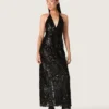 Abito lungo da donna in tulle con ricami floreali in paillettes nere