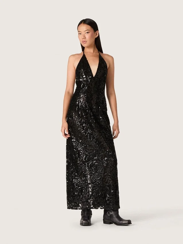 Abito lungo da donna in tulle con ricami floreali in paillettes nere