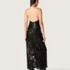 Abito lungo da donna in tulle con ricami floreali in paillettes nere