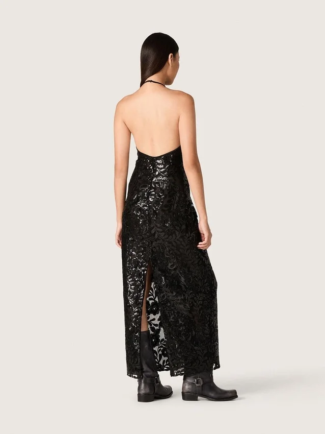 Abito lungo da donna in tulle con ricami floreali in paillettes nere