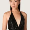 Abito lungo da donna in tulle con ricami floreali in paillettes nere
