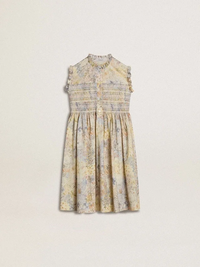 Abito midi da bambina in cotone con stampa floreale multicolore