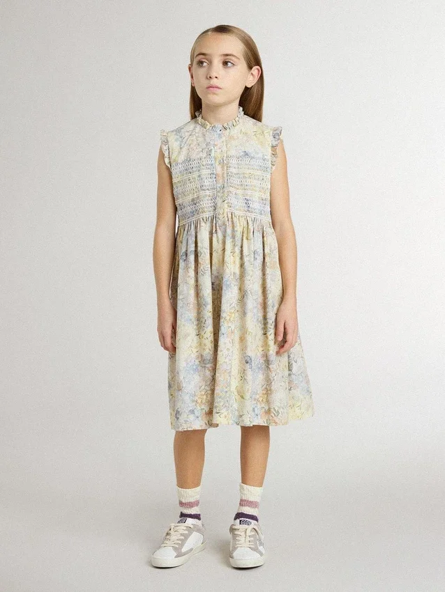 Abito midi da bambina in cotone con stampa floreale multicolore