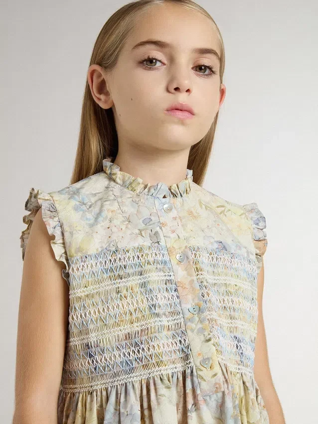 Abito midi da bambina in cotone con stampa floreale multicolore