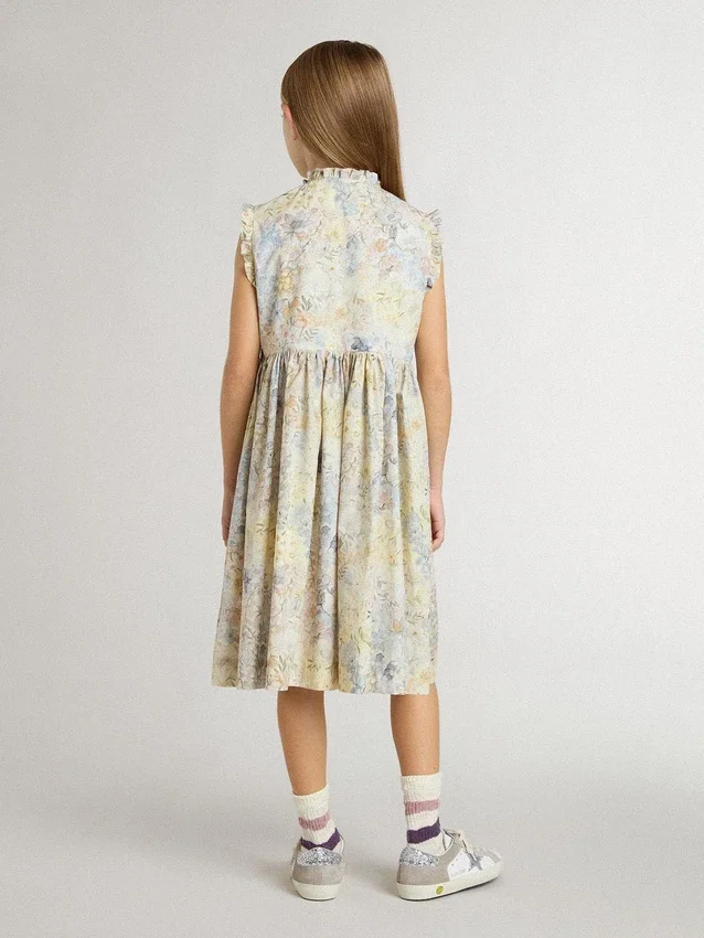 Abito midi da bambina in cotone con stampa floreale multicolore