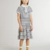 Abito midi da bambina in misto cotone a righe con ricami