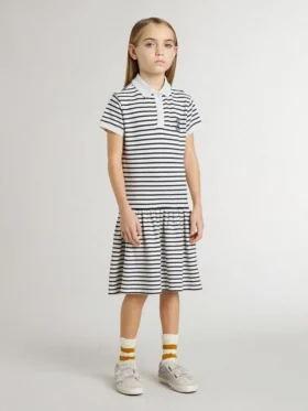 Abito midi da bambina in misto cotone a righe con ricami