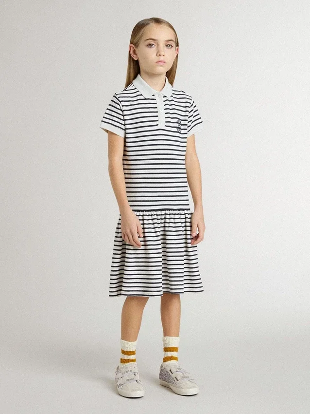 Abito midi da bambina in misto cotone a righe con ricami