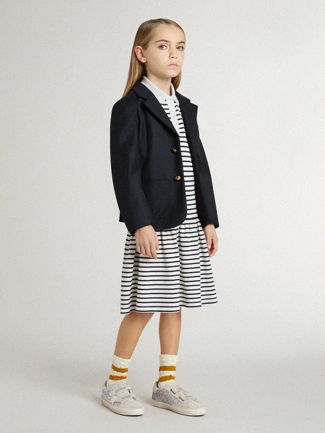 Abito midi da bambina in misto cotone a righe con ricami