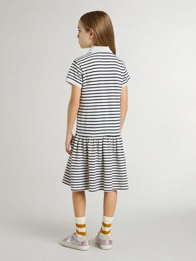 Abito midi da bambina in misto cotone a righe con ricami