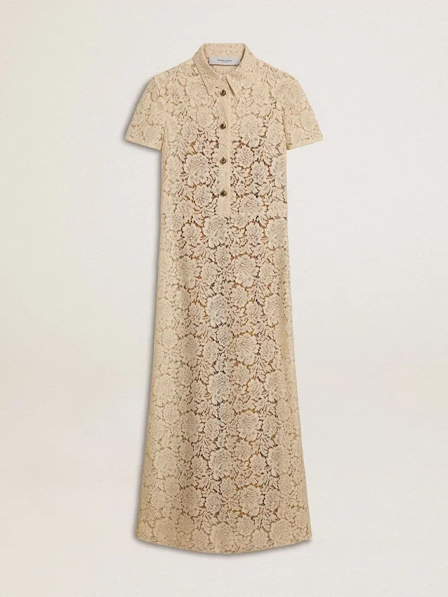 Abito midi da donna in pizzo trasparente color crema