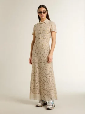 Abito midi da donna in pizzo trasparente color crema