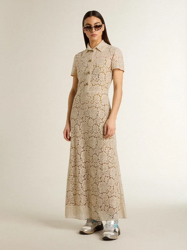 Abito midi da donna in pizzo trasparente color crema
