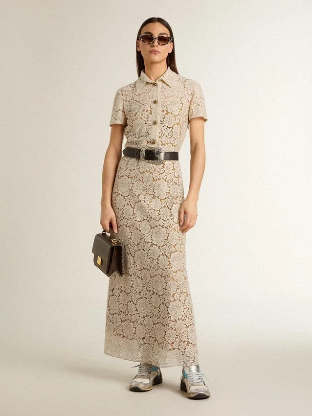 Abito midi da donna in pizzo trasparente color crema