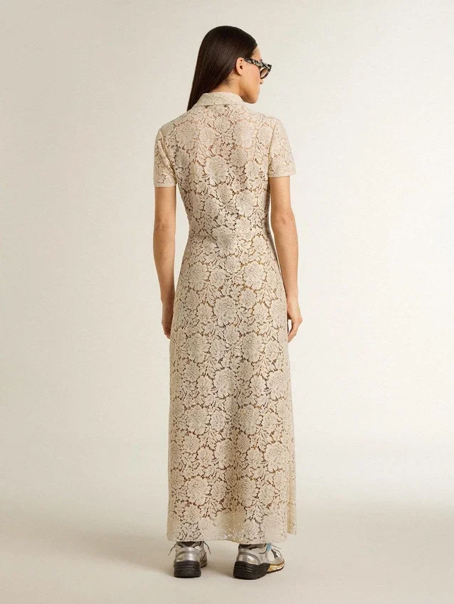 Abito midi da donna in pizzo trasparente color crema