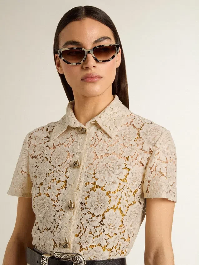 Abito midi da donna in pizzo trasparente color crema