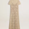 Abito midi da donna in pizzo trasparente color crema