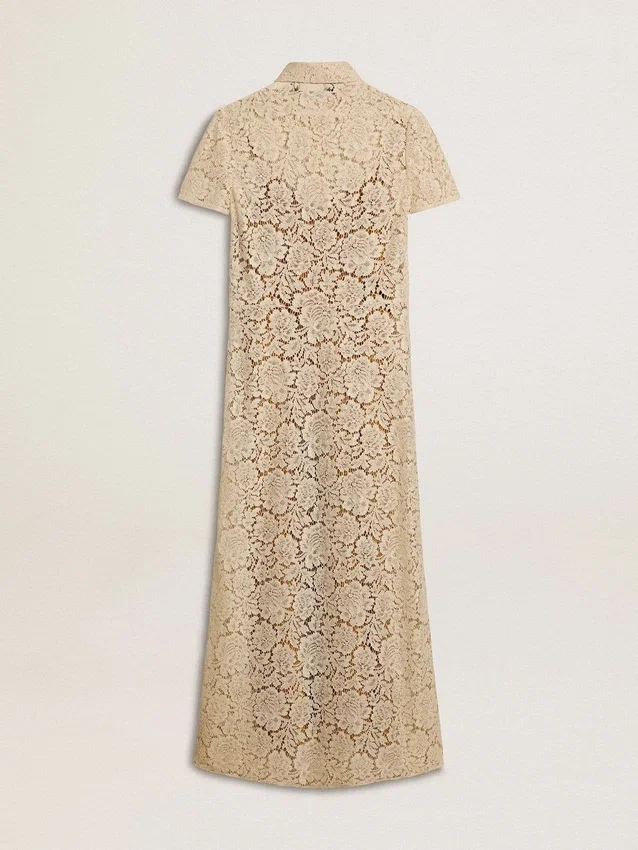 Abito midi da donna in pizzo trasparente color crema