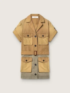 Abito safari da donna in cotone beige e verde militare con tasche maxi