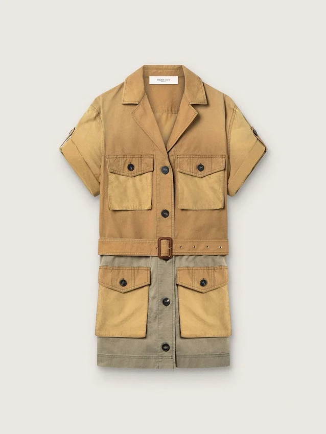 Abito safari da donna in cotone beige e verde militare con tasche maxi