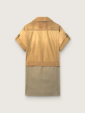 Abito safari da donna in cotone beige e verde militare con tasche maxi