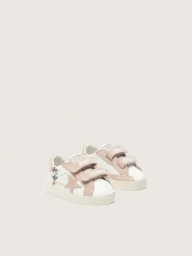 Baby School in nappa con stella in pelle scamosciata rosa e stampa con mascotte