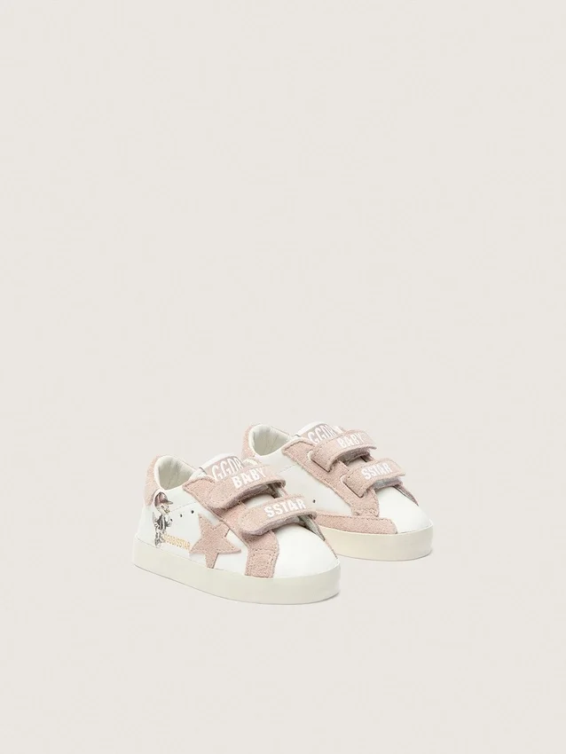 Baby School in nappa con stella in pelle scamosciata rosa e stampa con mascotte