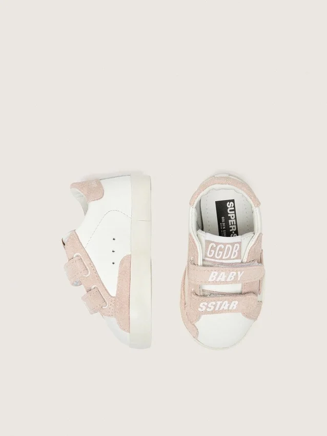 Baby School in nappa con stella in pelle scamosciata rosa e stampa con mascotte