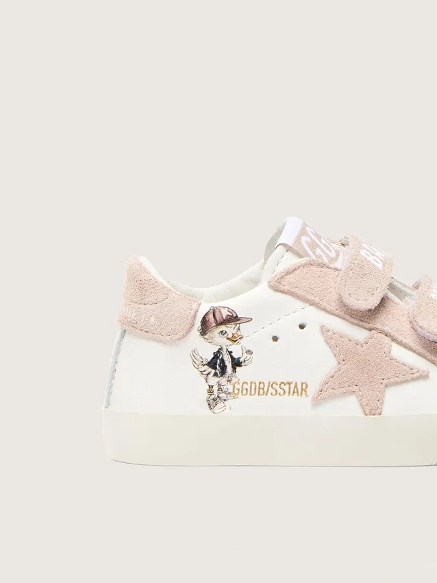 Baby School in nappa con stella in pelle scamosciata rosa e stampa con mascotte