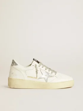 Ball Star da donna con stella in pelle argentata e linguetta sul tallone con glitter argentati