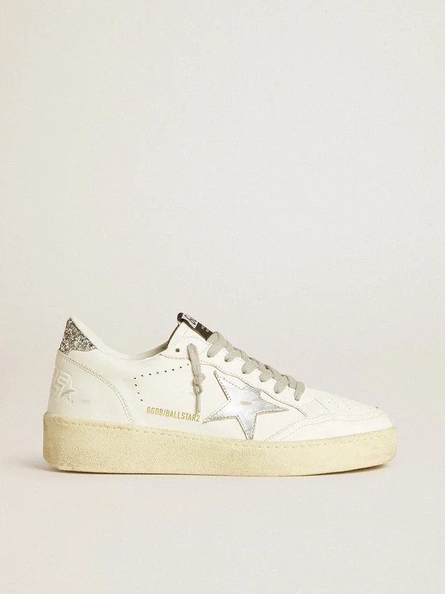 Ball Star da donna con stella in pelle argentata e linguetta sul tallone con glitter argentati