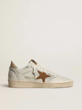 Ball Star da donna in nappa bianca e rete con stella in nabuk color tabacco e linguetta sul tacco beige