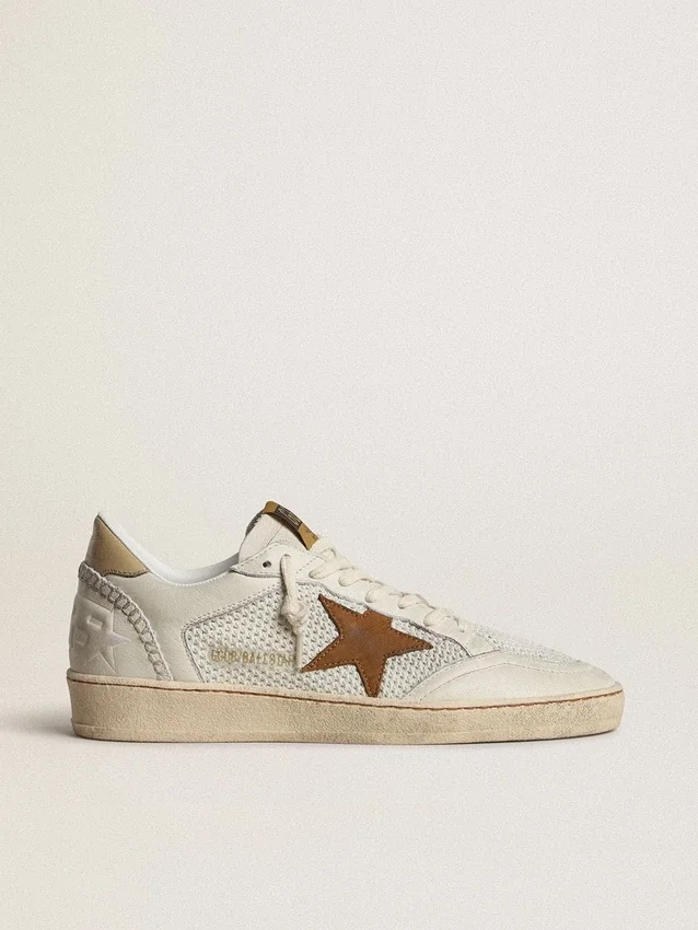 Ball Star da donna in nappa bianca e rete con stella in nabuk color tabacco e linguetta sul tacco beige