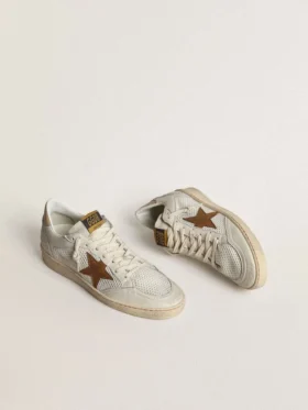 Ball Star da donna in nappa bianca e rete con stella in nabuk color tabacco e linguetta sul tacco beige