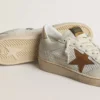 Ball Star da donna in nappa bianca e rete con stella in nabuk color tabacco e linguetta sul tacco beige