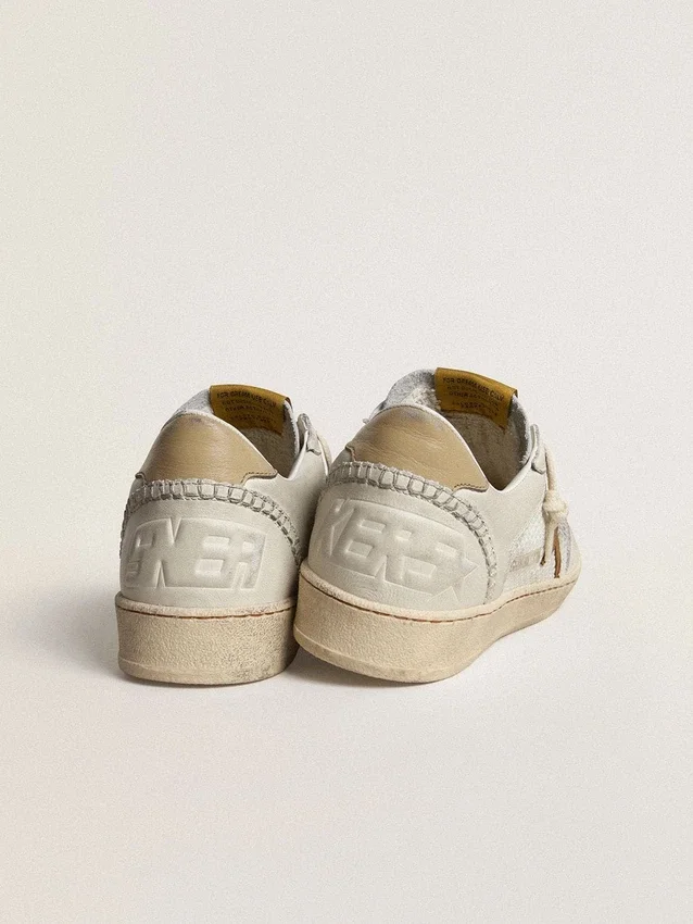 Ball Star da donna in nappa bianca e rete con stella in nabuk color tabacco e linguetta sul tacco beige