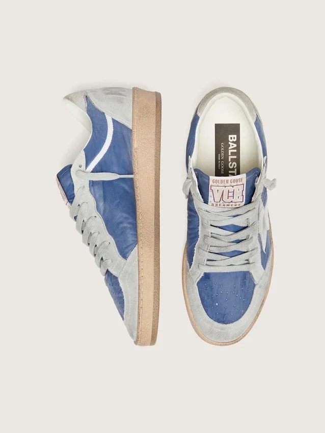 Ball Star da donna in nylon blu denim con inserti in pelle scamosciata grigio chiaro e stella in pelle argento metallizzato