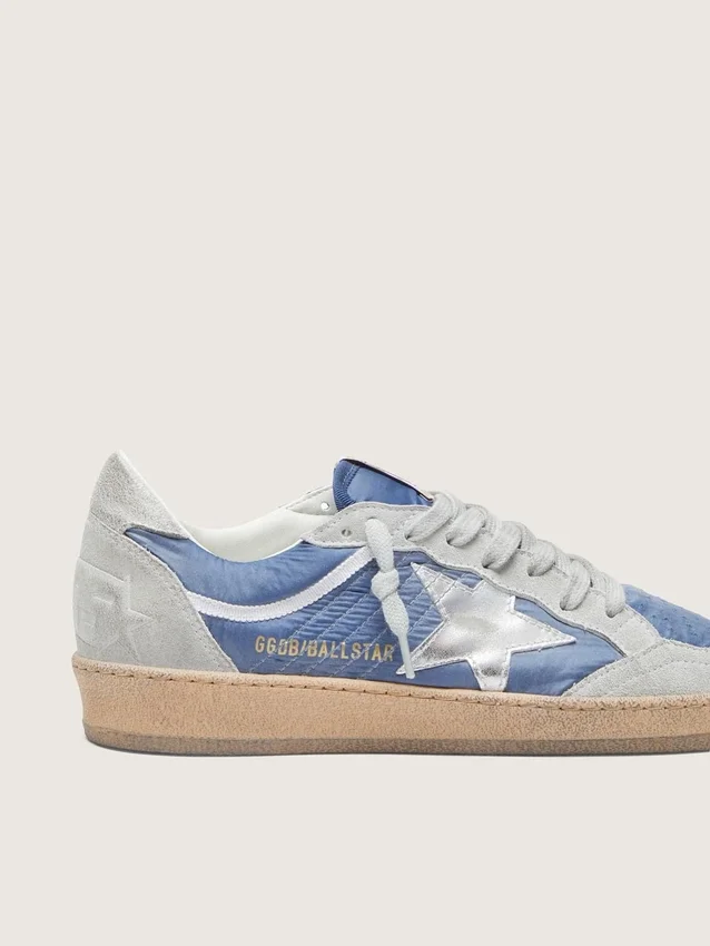 Ball Star da donna in nylon blu denim con inserti in pelle scamosciata grigio chiaro e stella in pelle argento metallizzato