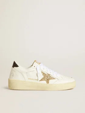 Ball Star da donna in pelle bianca con stella glitterata dorata e linguetta sul tallone glitterata nera