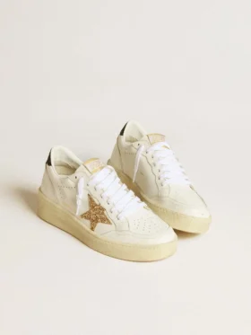 Ball Star da donna in pelle bianca con stella glitterata dorata e linguetta sul tallone glitterata nera