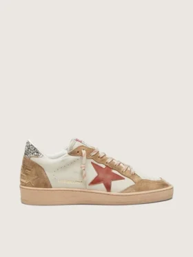 Ball Star da donna in pelle color crema con stella in pelle rosso mattone e inserti in pelle scamosciata
