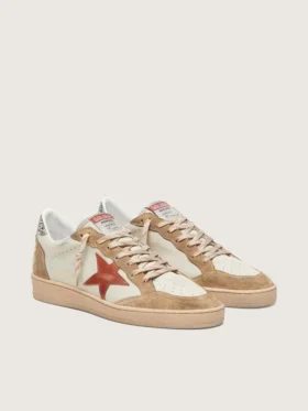 Ball Star da donna in pelle color crema con stella in pelle rosso mattone e inserti in pelle scamosciata